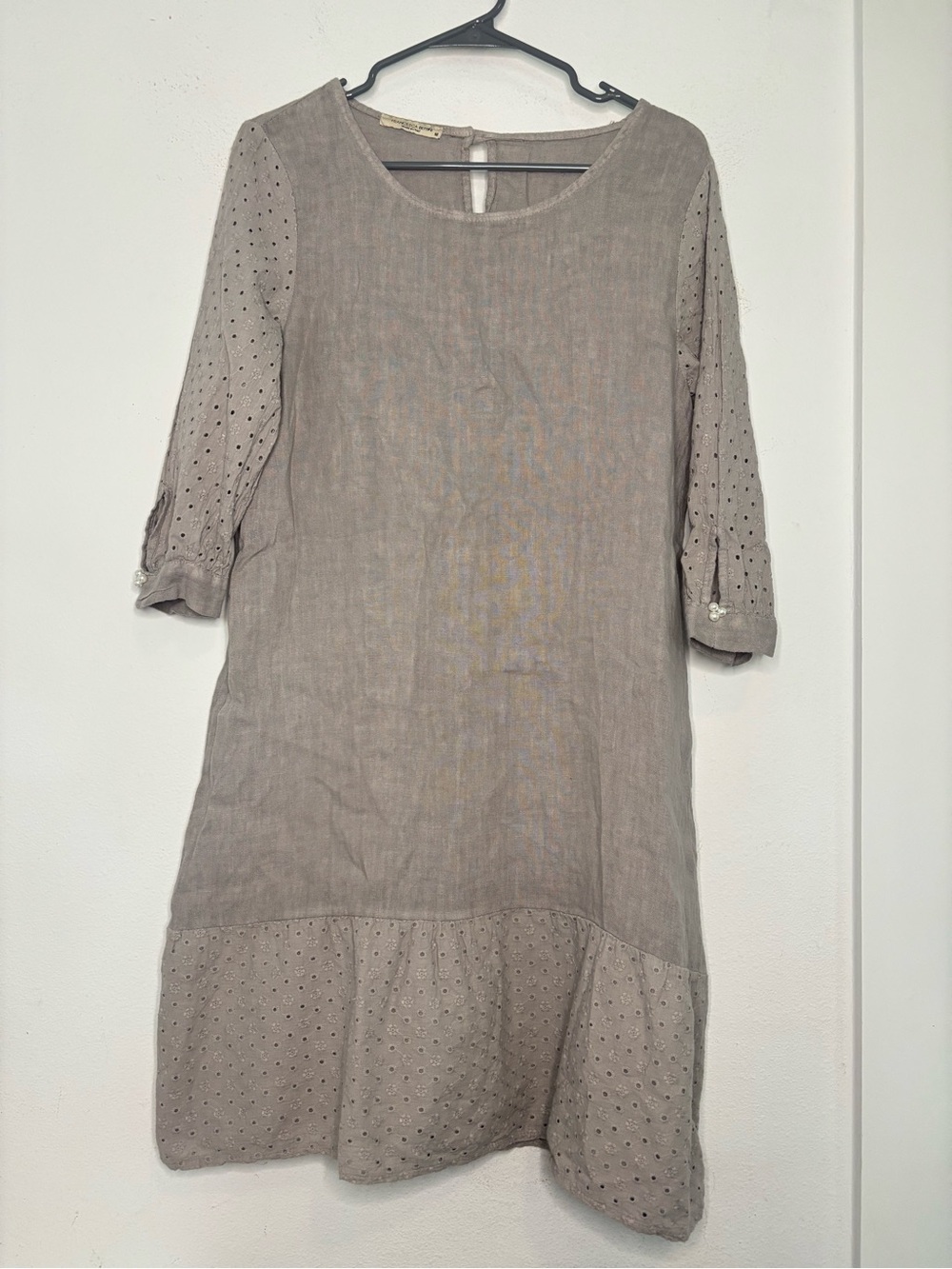 FRANCESCA BETTINI 100% LINEN TAUPE PEPLUM SHIFT MIDI DRESS SZ MEDIUM